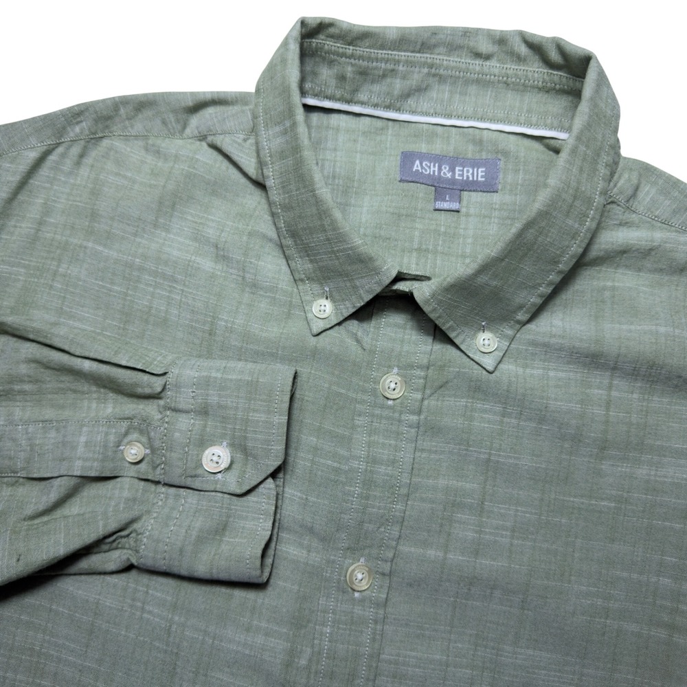 Ash & Erie Mens Large Standard Long Sleeve Button Down Shirt Sage Green Slub